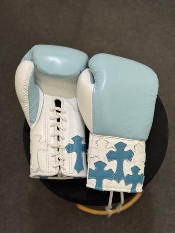 Sky Blue & White - Handmade Chrome Heart Boxing Gloves | Limited Edition | Premium Quality | Cowhide Leather | Personalise your Logo or Name