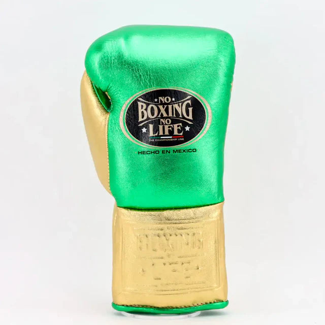 No Boxing No Life Pro Fight Gloves - Metallic Green / Metallic Gold