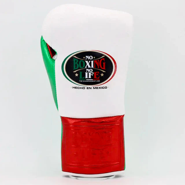 No Boxing No Life Pro Fight Gloves - White / Metallic Red / Metallic Green