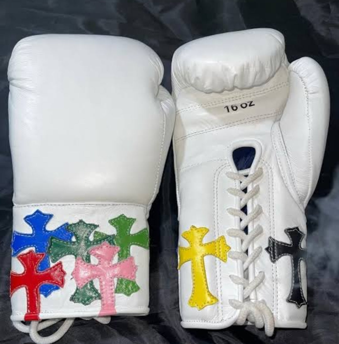 Custom Handmade Chrome Heart Boxing Gloves White | Premium Quality | C