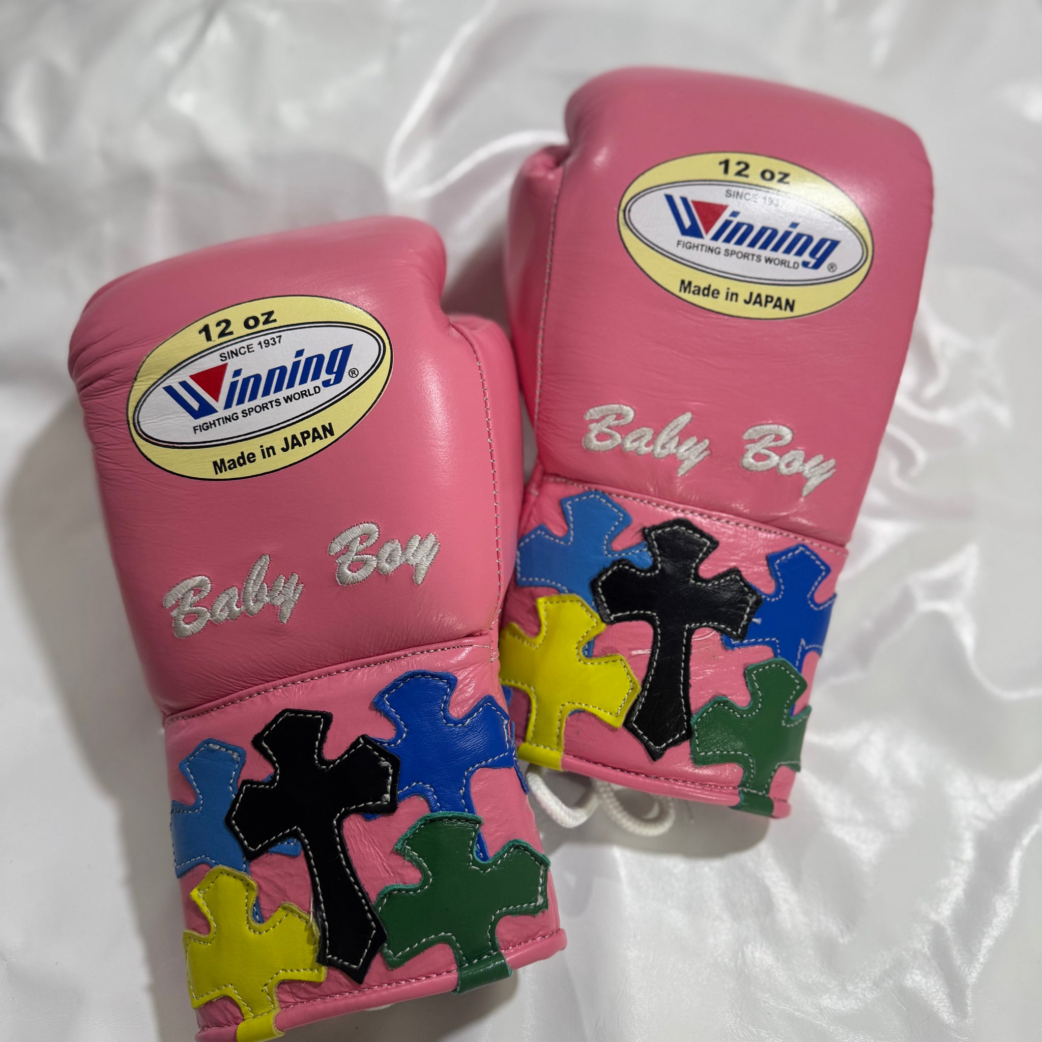 Pink - Handmade Chrome Heart Boxing Gloves | Limited Edition | Premium Quality | Cowhide Leather | Personalise your Logo or Name