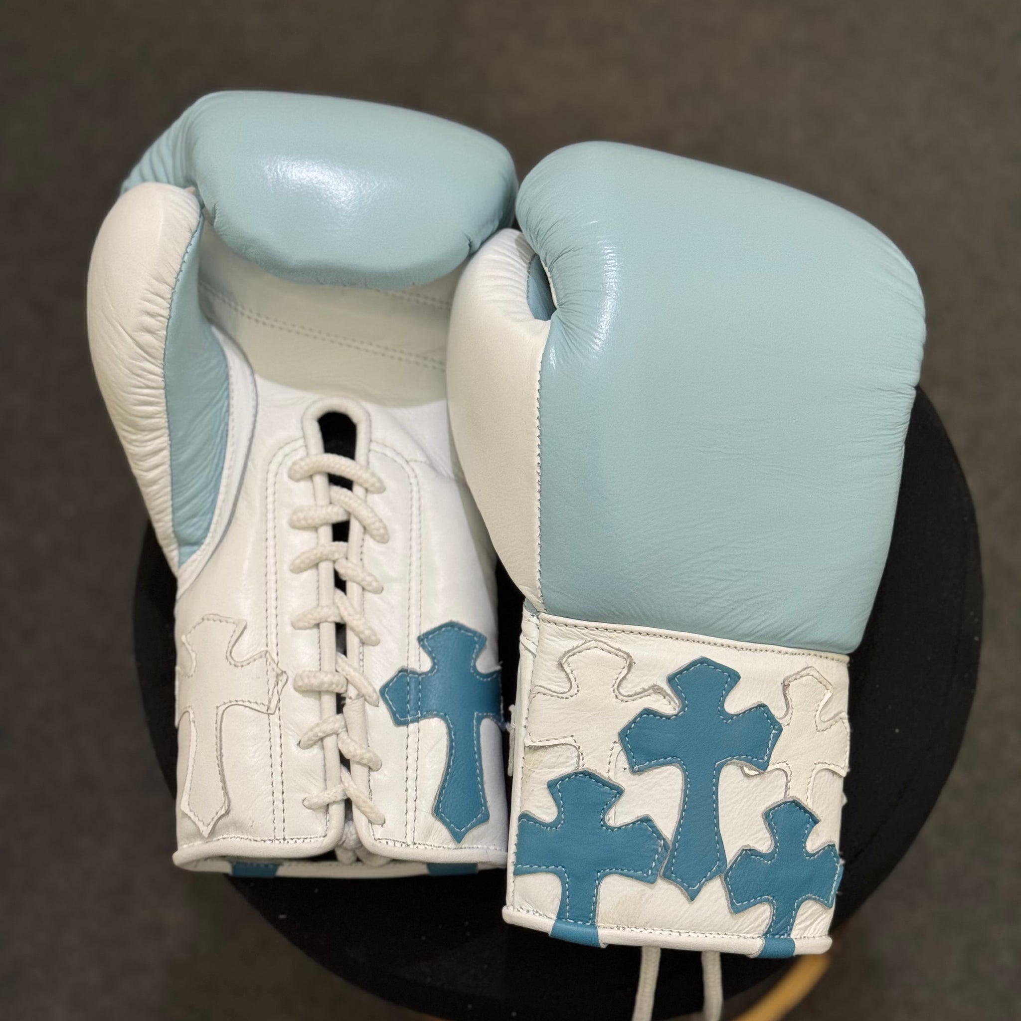 Sky Blue & White - Handmade Chrome Heart Boxing Gloves | Limited Edition | Premium Quality | Cowhide Leather | Personalise your Logo or Name