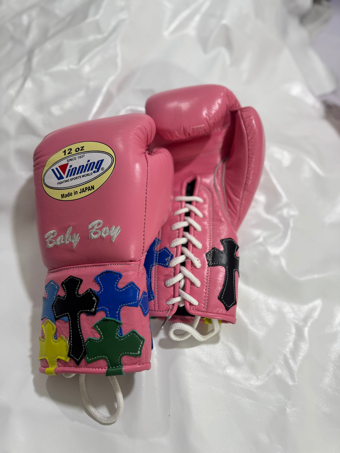 Pink - Handmade Chrome Heart Boxing Gloves | Limited Edition | Premium Quality | Cowhide Leather | Personalise your Logo or Name