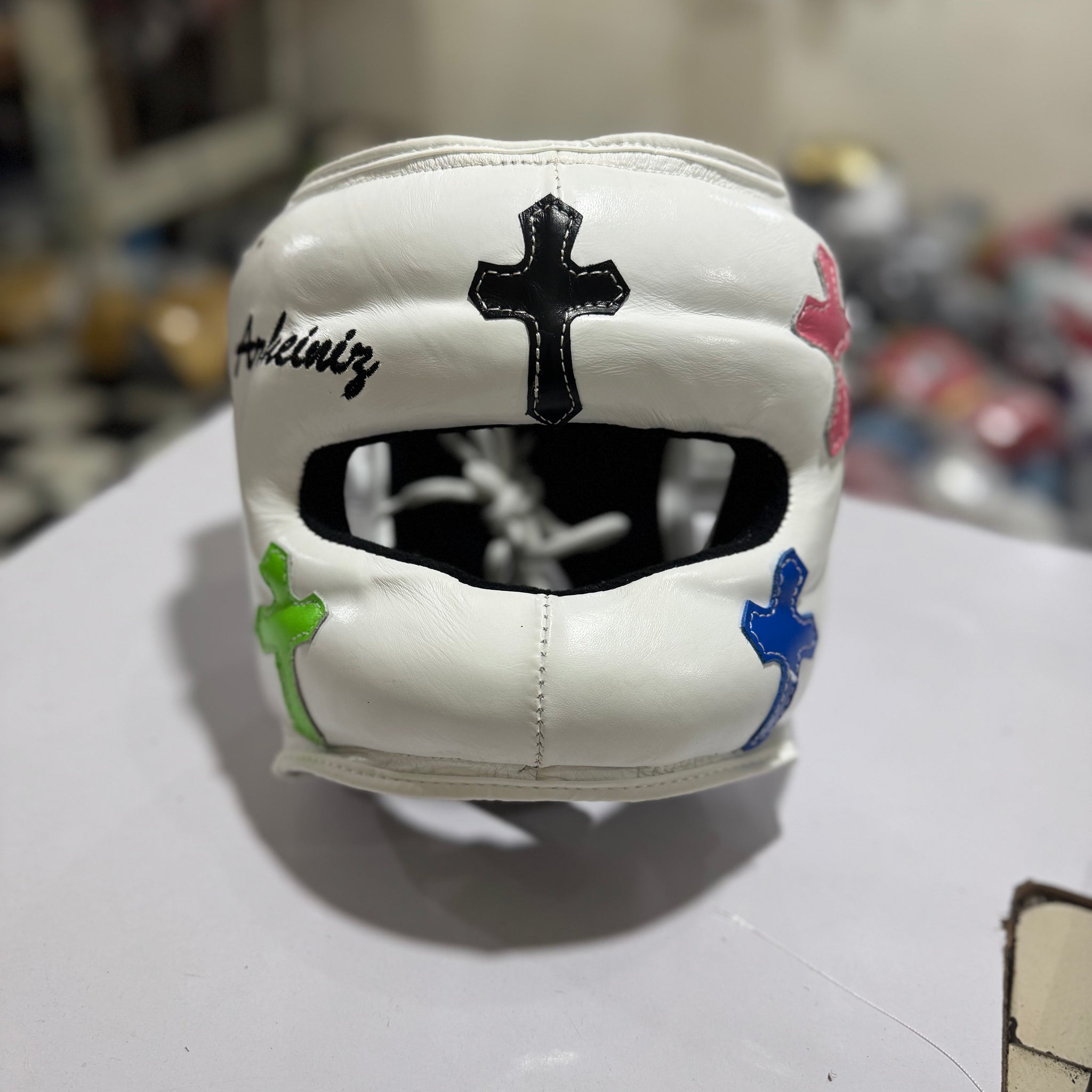 White Chrome Hearts Headgear Nose-bar Latest Version | 100% Leather | Adjustable | Available in Multiple Sizes