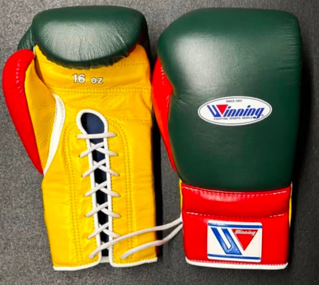 Dark Green , Yellow & Red Pro Elite Boxing Gloves | Winnings | Personalise your name | 100% Pure Leather | Best Choice for Fighters
