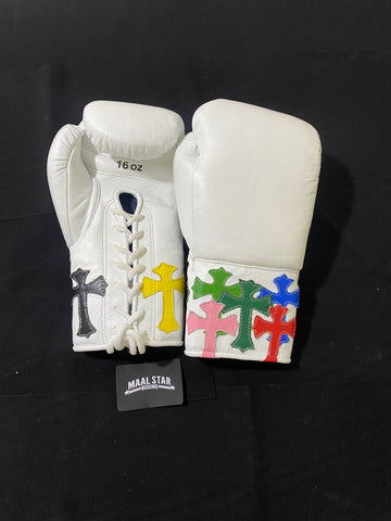 Custom Handmade Chrome Heart Boxing Gloves White | Premium Quality | Cowhide Leather | Personalise your Logo or Name