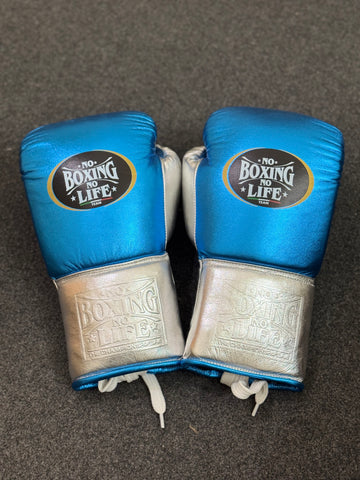 NO BOXING NO LIFE TRAINING GLOVES - METALLIC BLUE & SILVER | 100% Pure Leather | Best Choice for Fighters