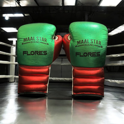 Metallic Green, Red & White Elite Boxing Gloves | 100% Pure Leather | UK Best Boxing Shop